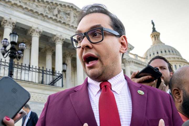 FILE - Rep. George Santos (R-N.Y.) speaks to reporters outside the Capitol in May. Santos announced his reelection bid in April, despite a steady drumbeat calling for his resignation because of his many deceptions during his last campaign, including lying about his education, Wall Street pedigree and other resume fabrications.