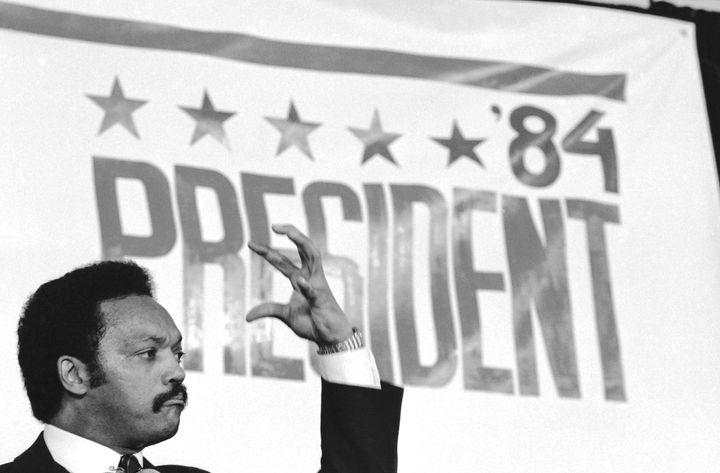 Rev. Jesse Jackson addresses supporters in Washington, D.C., Thursday, Nov. 3, 1983, after he announced he would seek the Democratic presidential nomination. Jackson plans to step down from leading the Chicago civil rights organization Rainbow PUSH Coalition he founded in 1971, his son's congressional office said Friday, July 14, 2023.
