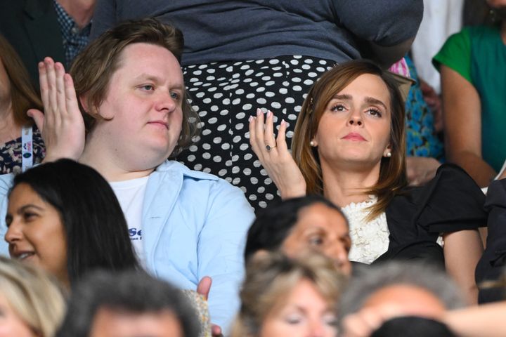Lewis Capaldi and Emma Watson mirroring one another in the Wimbledon crowd