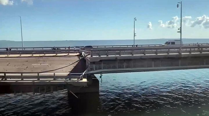 This video grab taken from a rimea24TV footage on July 17, 2023 shows the damaged Kerch bridge -- linking Crimea to Russia -- which was heavily damaged following an attack. 