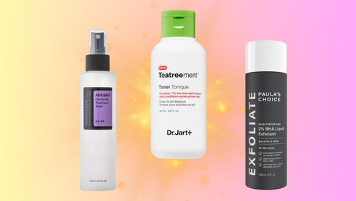 COSRX AHA/BHA clarifying treatment toner, Dr. Jart+ Teatreement toner, Paula's Choice Exfoliate 2% BHA liquid exfoliant.