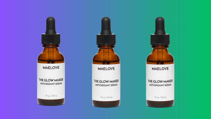 Three bottles of Maelove The Glow Maker antioxidant serum on a gradient background.