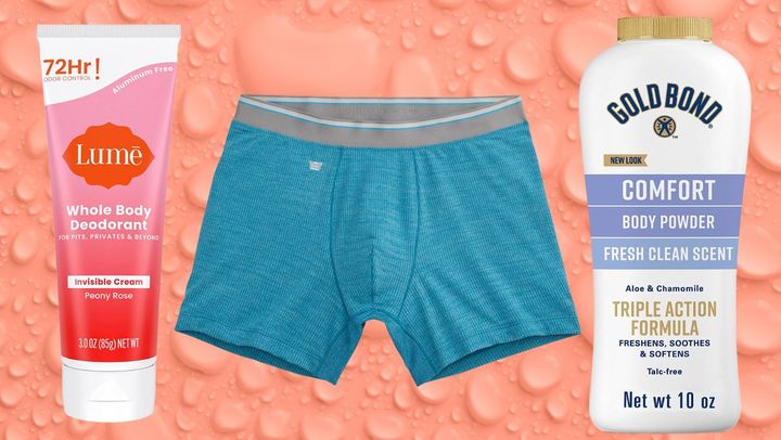 Lume whole body deodorant, sweat-wicking underwear and sweat-absorbing body powder.
