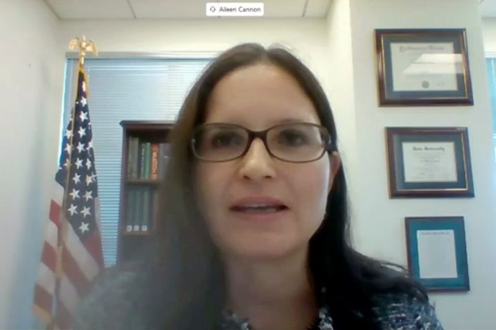 In this image from video provided by the U.S. Senate, Aileen M. Cannon speaks remotely during a Senate Judiciary Committee oversight nomination hearing to be U.S. District Court for the Southern District of Florida on July 29, 2020, in Washington. 