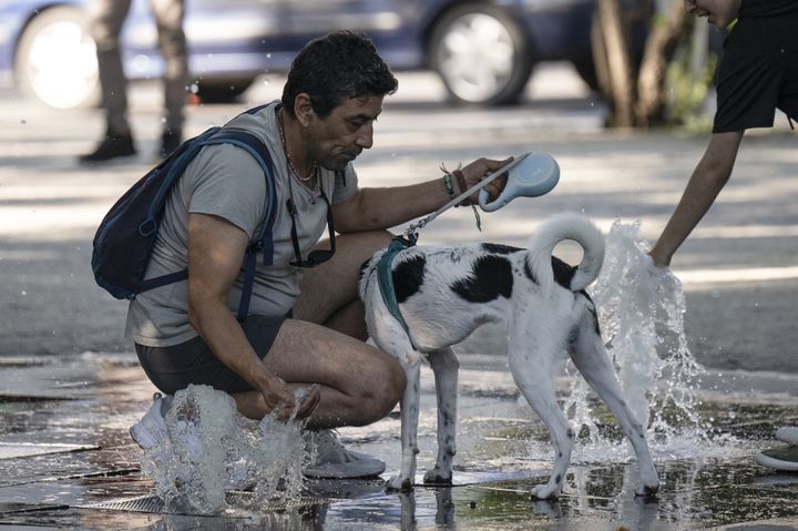 ΑΓΚΥΡΑ, ΤΟΥΡΚΙΑ - 17 ΙΟΥΛΙΟΥ: Ένας άνδρας και ένας σκύλος προσπαθούν να δροσιστούν κοντά σε ένα σιντριβάνι στο πάρκο Kugulu στην Άγκυρα. 17 Ιουλίου 2023. (Photo by Osmancan Gurdogan/Anadolu Agency via Getty Images)