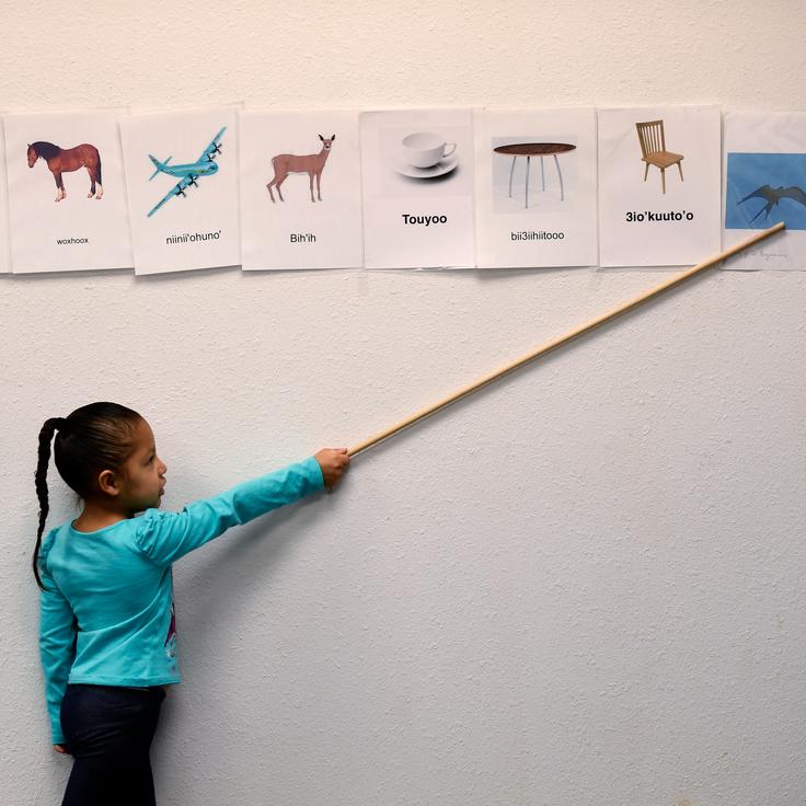 A 5-year-old names objects and animals in the Arapaho language in February 2017 as the tribe works to recover its culture and language on the Wind River Reservation in Wyoming.