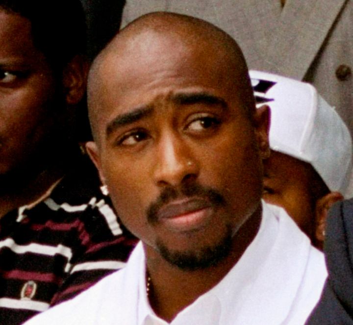Rapper Tupac Shakur is seen at a voter registration event in South Central Los Angeles in 1996. He was fatally shot in a drive-by shooting that same year.