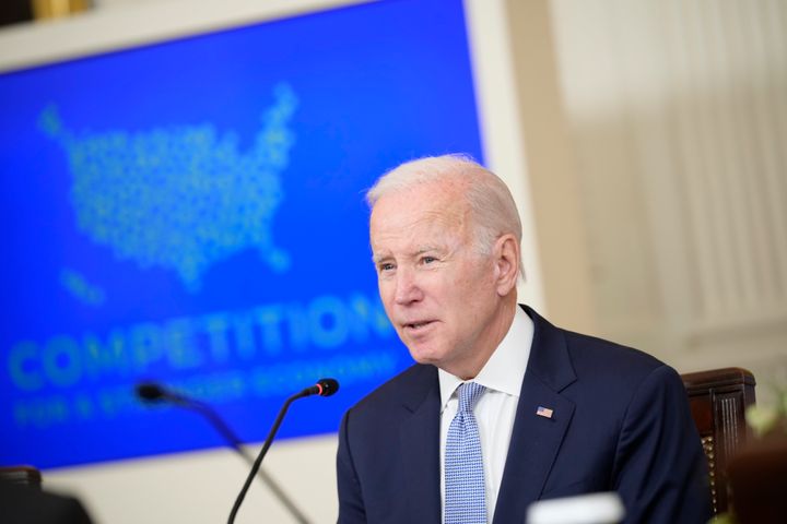 President Joe Biden speaks at a meeting of his White House Competition Council on Feb. 1 in the East Room of the White House.