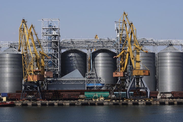 Exterior view of the grain storage terminal during visit of United Nations Secretary General Antonio Guterres at the Odesa Sea Port, in Odesa, Ukraine, on Aug. 19, 2022. Russia unleashed intense drone and missile attacks overnight on July 18, 2023, damaging critical port infrastructure in southern Ukraine, including grain and oil terminals, and wounding at least 12 people, officials said.