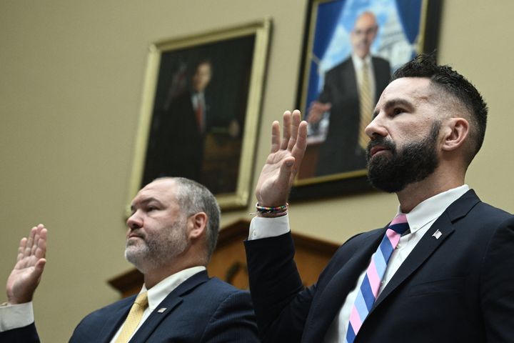 Gary Shapley (left), supervisory special agent at the Internal Revenue Service, and Joe Ziegler are sworn in to testify before the House Committee on Oversight and Accountability during a hearing regarding the criminal investigation into the Bidens on July 19.