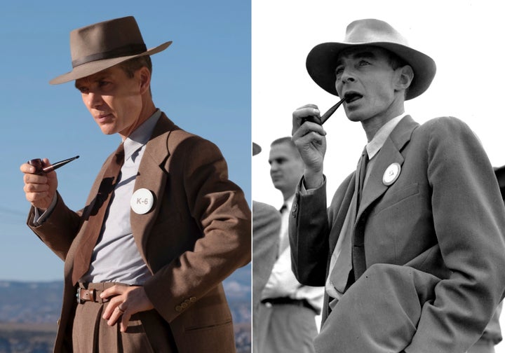 Cillian Murphy as J Robert Oppenheimer in a scene from Oppenheimer, and Oppenheimer on the test ground for the atomic bomb near Alamogordo, New Mexico in 1945.