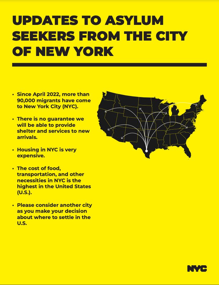ニューヨーク市が移民に対して「別の行き先を考えて」と提案するチラシ