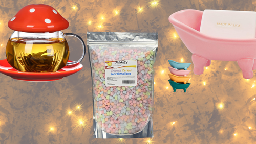 A bathtub-shaped soap dish, a mushroom tea infuser and one-pound bag of cereal marshmallows