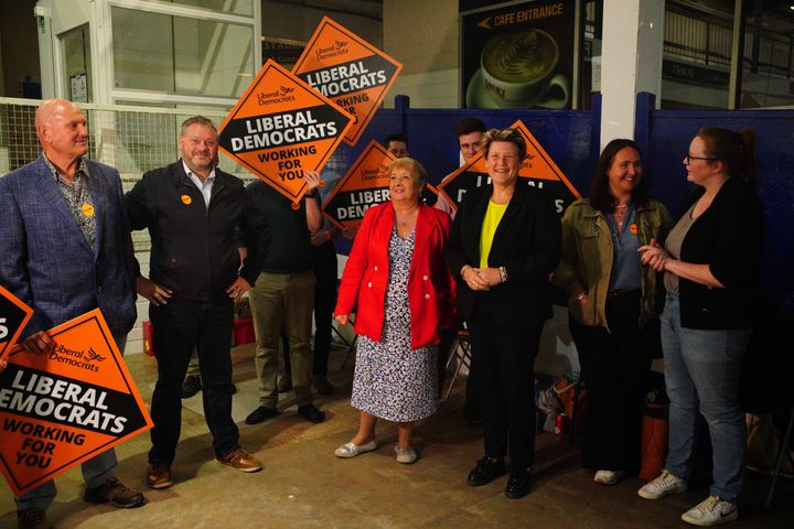 Sarah Dyke, Liberal Democrat Party candidate, with their supporters at the Bath & West Showground in Shepton Mallet, Somerset, as results are announced in the Somerton and Frome by-election.