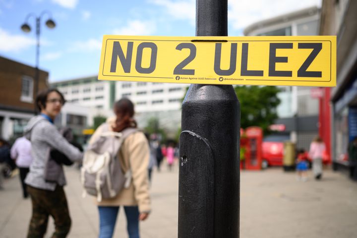 A "NO 2 ULEZ" sign in a shopping precinct in Uxbridge.
