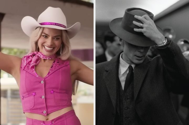 Margot Robbie and Cillian Murphy as seen in Barbie and Oppenheimer, respectively
