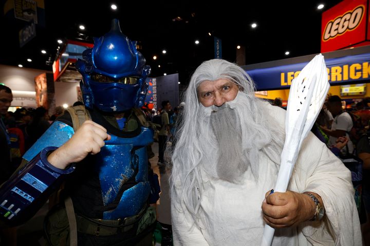 San Diego residents Adam Shuttleworth, left, dressed as a Mandalorian, and Bob Shuttleworth, dressed as Gandalf.