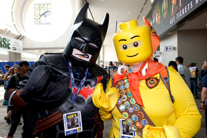 San Diego residents Eric Sarmiento, dressed as Lego Batman, left, and Kari Coulter, dressed as Lego Russell, from the animated film "Up." 