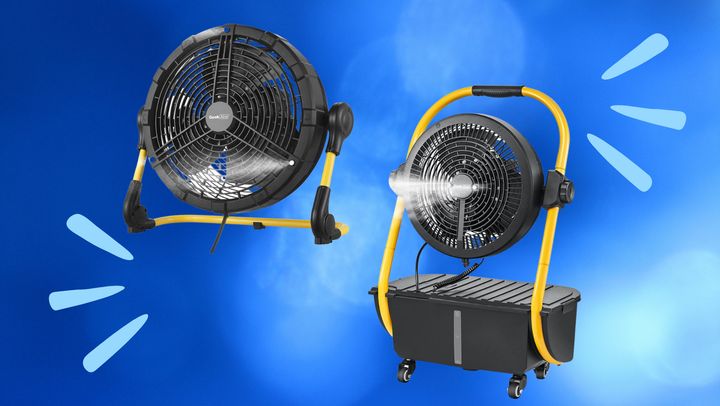 Geek Aire's 12-inch misting fan and 12-inch portable misting fan and water tank.