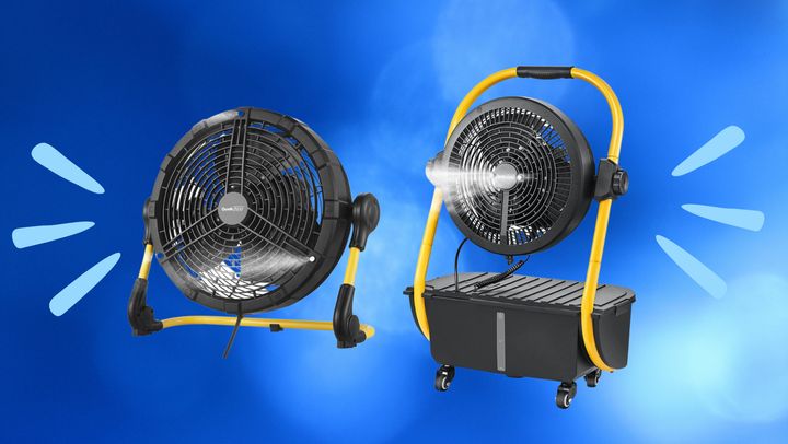 Geek Aire's 12-inch misting fan and 12-inch portable misting fan and water tank.