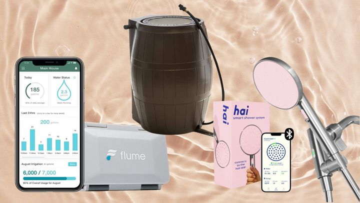 The Flume smart home leak detection kit, a rain collection barrel and a water usage-tracking showerhead by Hai. 