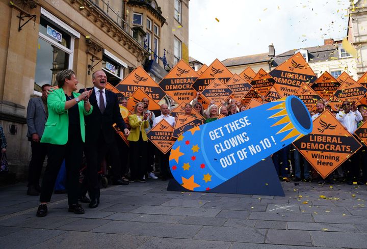 Newly-elected Liberal Democrat MP Sarah Dyke with party leader Ed Davey in Frome, Somerset, after winning the Somerton and Frome by-election.