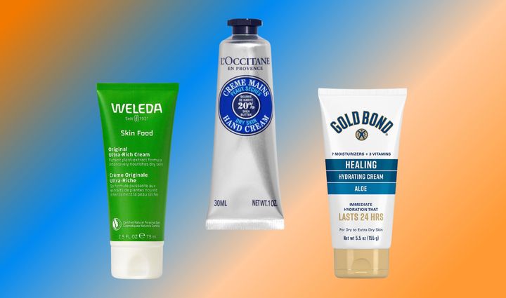 Weleda Skin Food cream, L'Occitane Creme Mains, Gold Bond healing hydrating cream.