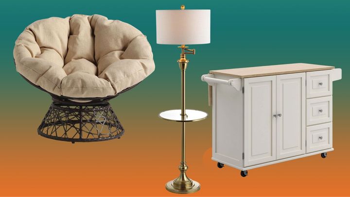 A swivel papasan chair, a floor lamp with a built-in table and mobile kitchen island. 