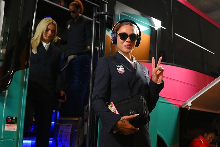 AUCKLAND, NEW ZEALAND - JULY 22: Trinity Rodman of USA arrives at the stadium prior to the FIFA Women's World Cup Australia & New Zealand 2023 Group E match between USA and Vietnam at Eden Park on July 22, 2023 in Auckland / Tāmaki Makaurau, New Zealand. (Photo by Hannah Peters - FIFA/FIFA via Getty Images)