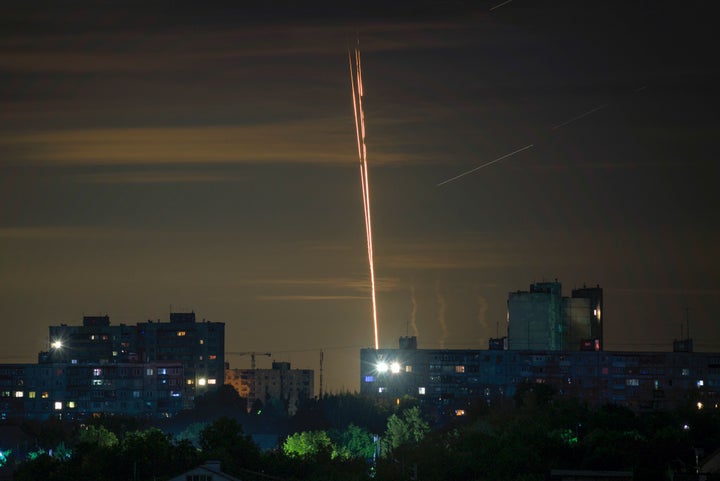 Russian rockets are launched against Ukraine from Russia's Belgorod region, seen from Kharkiv, Ukraine, Sunday, July 16, 2023. (AP Photo/Vadim Belikov)