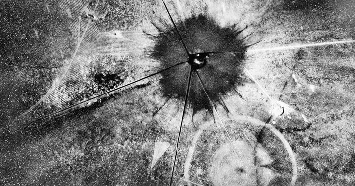 A 1945 aerial view after the first atomic explosion, at the Trinity test site in New Mexico.