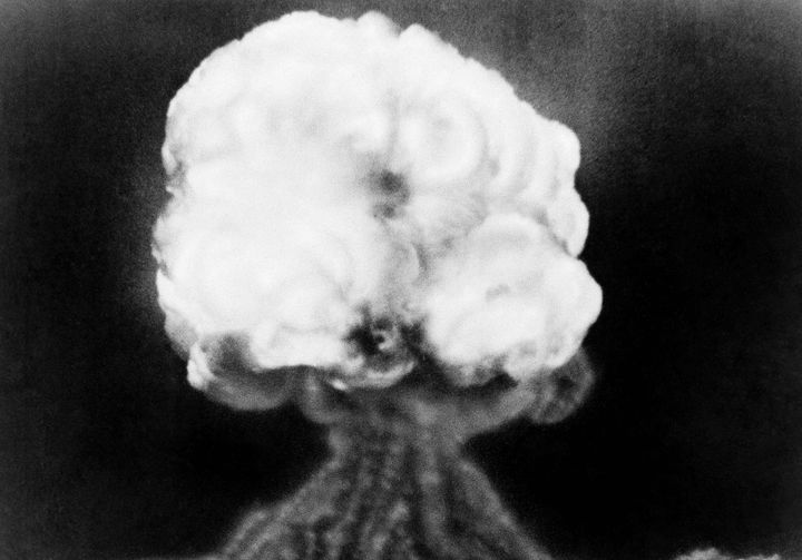 A mushroom cloud is visible after the first atomic explosion at the Trinity test site near Alamogordo, New Mexico.