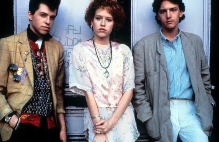 Jon Cryer, Molly Ringwald and Andrew McCarthy on set of the film "Pretty In Pink" in 1986.