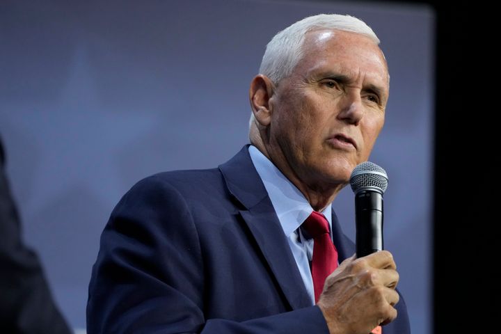FILE - Former Vice President Mike Pence speaks at the Family Leadership Summit earlier this month in Des Moines, Iowa. Pence currently trails Trump by over 44 percentage points in an average of national polls on Republican candidates, according to FiveThirtyEight.
