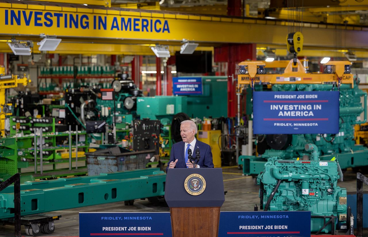 Biden visits the Cummins Power Generation Facility as part of his administration's Investing in America tour in Fridley, Minnesota, on April 3.