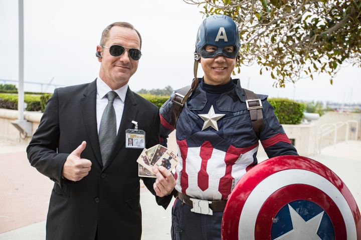 Marvel cosplayers Brian Robison as Director Phil Coulson (L) and Justin Wu as Captain America.