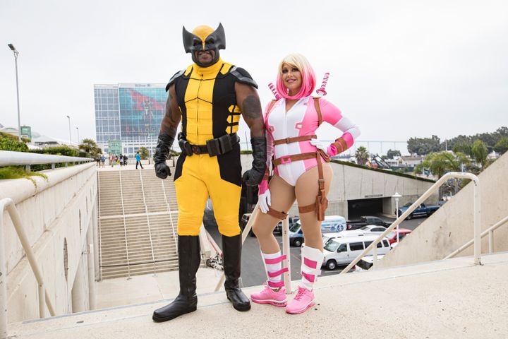 Marvel cosplayers Brandon Jackson as Wolverine (L) and Angela Jones as Gwenpool.