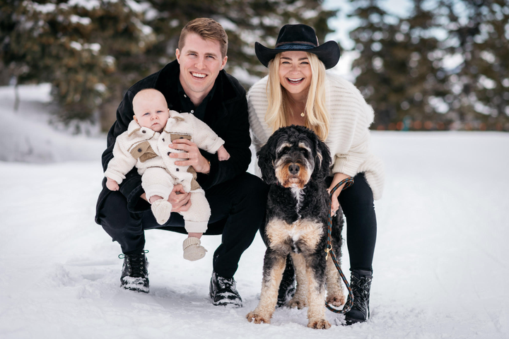 Jackson, Tom, the author and their Bernedoodle, Winnie, celebrate Tom's birthday in Park City, Utah. "Jackson is thriving," the author writes.