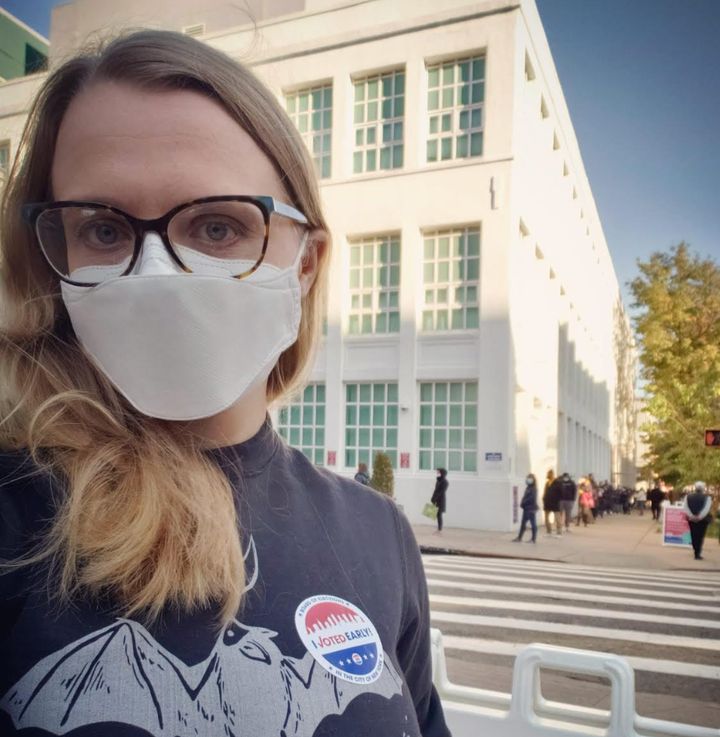 The author votes in the 2020 election on Halloween. "I had recently relapsed, and walking two blocks to drop off my absentee ballot was tiring," she writes.