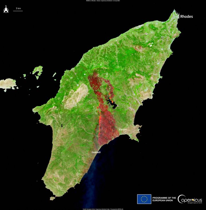 A false colour satellite image, which uses the infrared signature of the fire, shows the area affected by wildfires in Rhodes, Greece, July 23, 2023. 