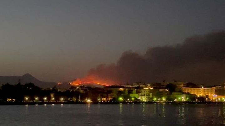 Smoke rises from a wildfire on Corfu Island, Greece, July 23, 2023 in this still image obtained from social media video. 