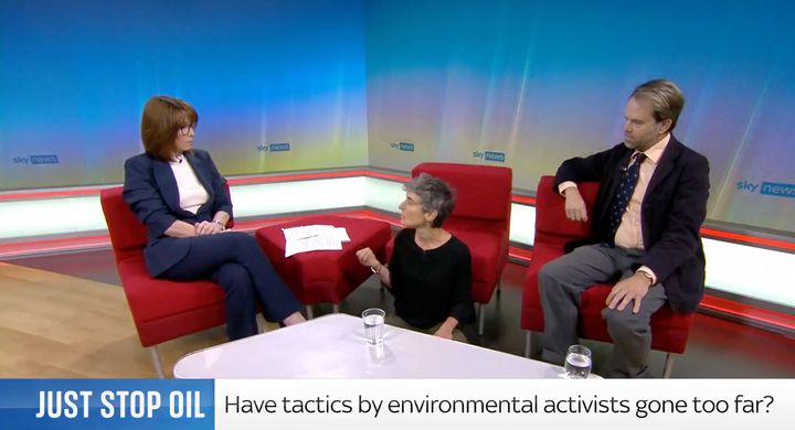 A Just Stop Oil activist sat on the floor of the Sky News studio as a demonstration of "transgressive" tactics