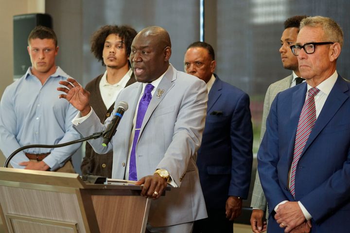 Standing with former Northwestern athletes, attorney Ben Crump speaks during a press conference addressing widespread hazing accusations at Northwestern University Wednesday, July 19, 2023, in Chicago.