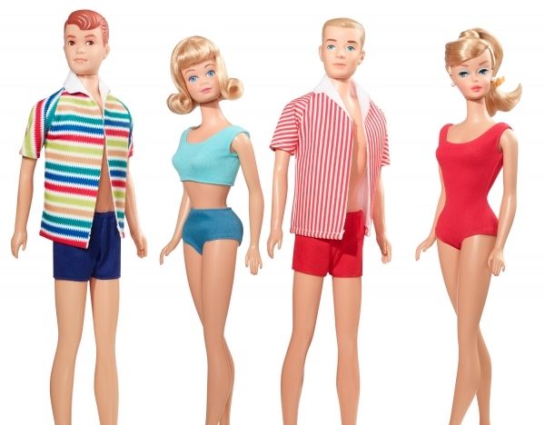 Allan, left, pictured in reproduced original form with Midge, Barbie and Ken