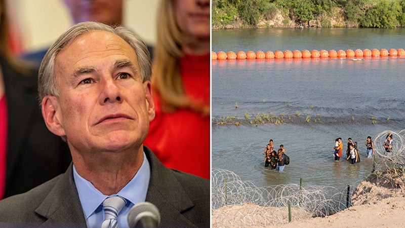 Greg Abbott and migrants crossing the river