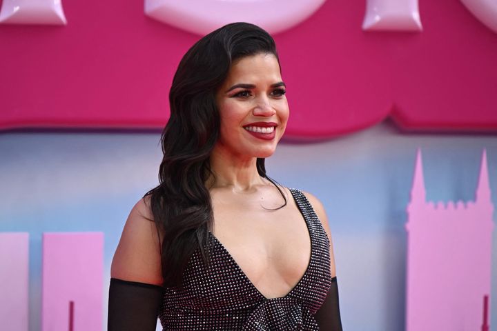 America Ferrera poses on the pink carpet upon arrival for the European premiere of Barbie in London 