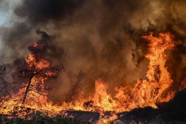 Wildfires burn the forests near the village of Vati, just north of the coastal town of Gennadi, in the southern part of the Greek island of Rhodes, on July 25, 2023.