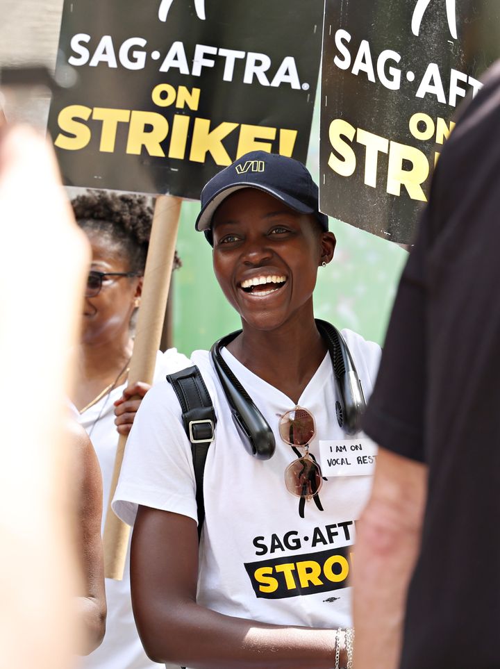 Lupita Nyong'o joined SAG-AFTRA members on the picket line outside of 30 Rockefeller Plaza on July 20, 2023 in New York City. 