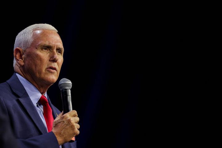 Republican presidential candidate and former Vice President Mike Pence is interviewed by former Fox News commentator Tucker Carlson in Des Moines, Iowa, on July 14, 2023. 