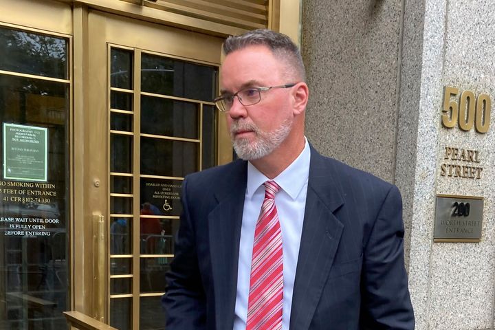Timothy Shea stands outside Manhattan federal court after he was sentenced on Tuesday for his role in a scheme to siphon hundreds of thousands of dollars from an online fundraiser that collected $25 million in donations.